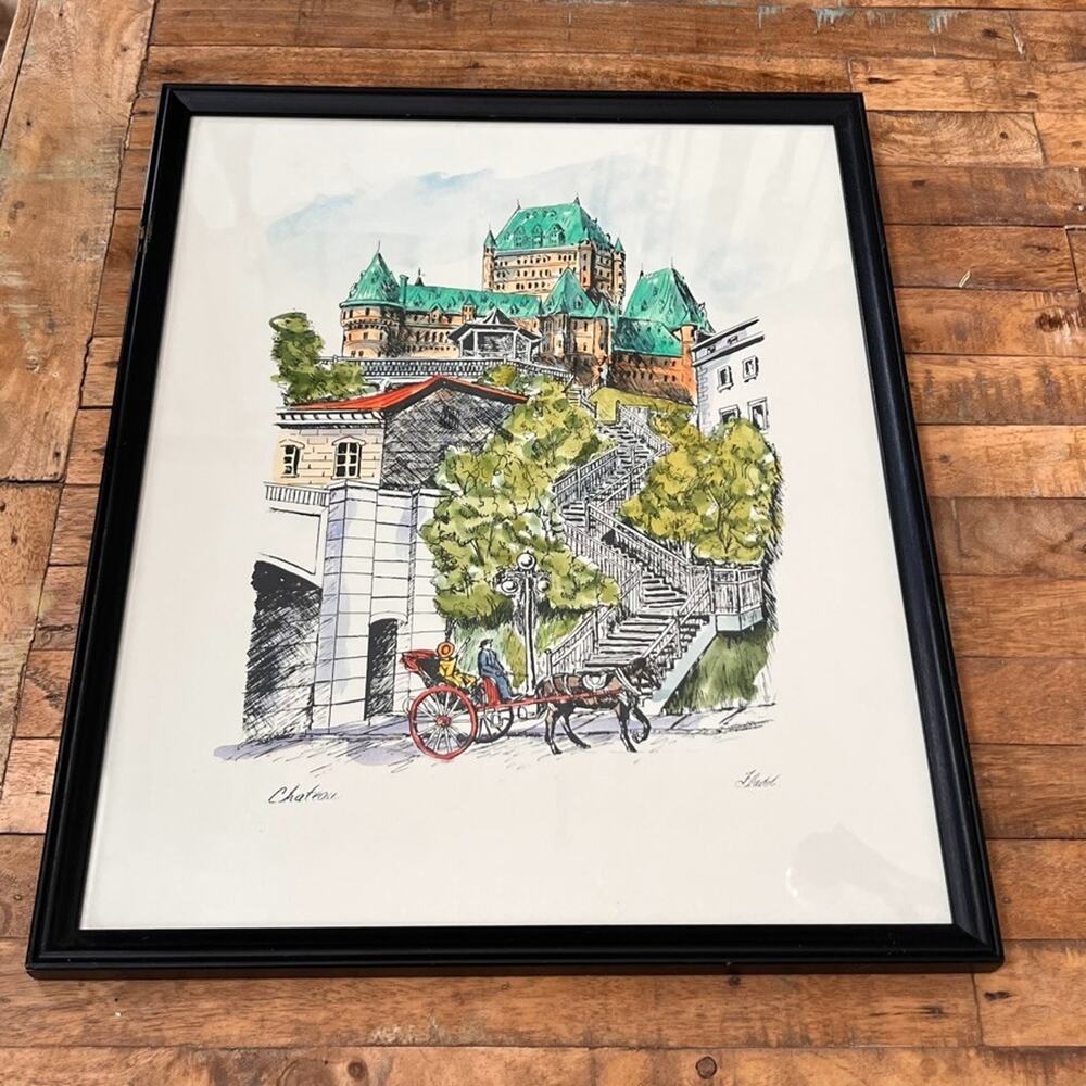 Framed Watercolor & Ink Drawing 17 x 21" of the Fairmont Le Château Frontenac